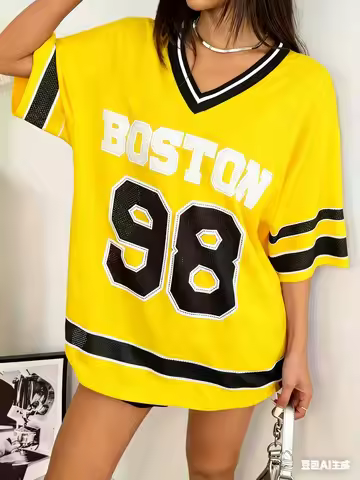 2026 Summer Women BOSTON NO.98 Print Lightweight Breathable Comfortable V-Neck Short Sleeved Basebal