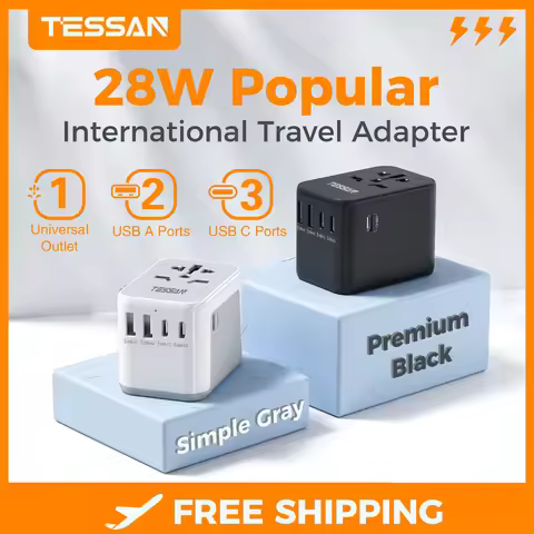 TESSAN 28W Universal Travel Adapter with 4/5 USB Ports 5V/3A Type C Worldwide Power Adapter 17W Trav