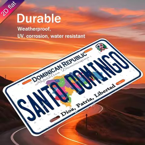 Aluminum License Plate Wall Decor - UV Printed Santo Domingo Map & Dominican Republic Flag Design, W