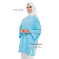 Kaos Basic Tunik Jumbo Oversized Hijab Friendly Tangan 3/4 Katun Adem Tebal Biru Langit