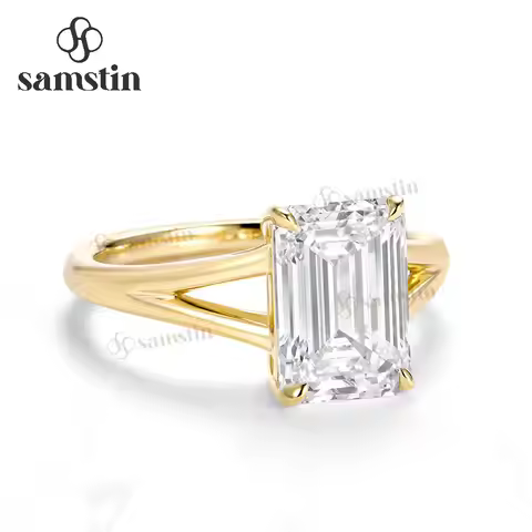 Samstin 4CT IGI Lab Grown Diamond Emerald Cut Ring for Women Solid 14K 10K 585 Yellow Gold Engagemen