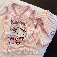 Leisure Striped Sleeveless Shorts Set for Women's Summer Cute Home Wear