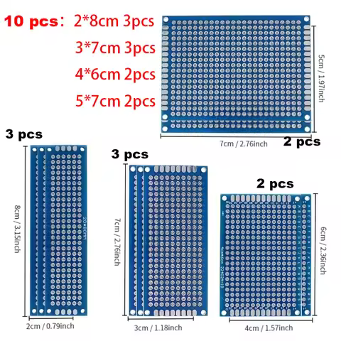 10pcs Universal Double Sided Blue PCB Prototype Board Kit FR4 1.6mm 2x8 3x7 4x6 5x7 cm for DIY Elect