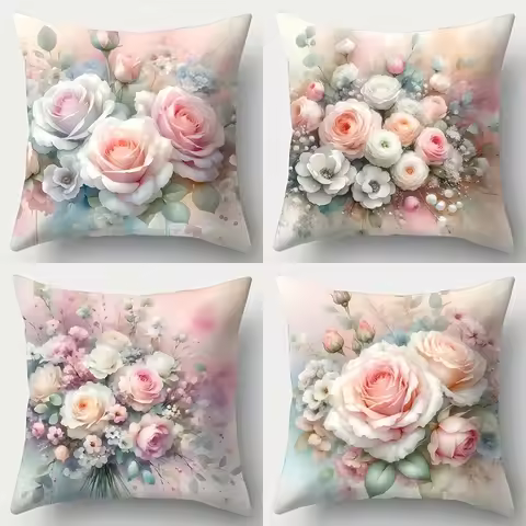A set of 4 modern and stylish floral pillowcases, featuring a fresh flower pattern design,single-sid