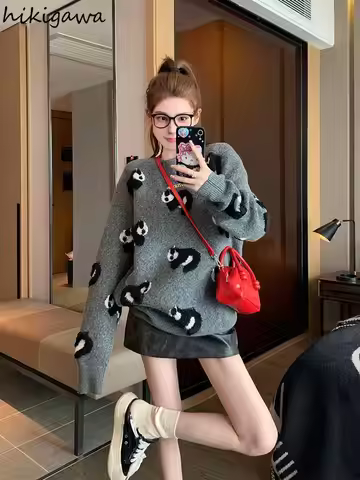 Korean Sueter Mujer Cute Panda Pullovers for Women Fall Winter Clothing O-neck Casual Pull Femme Kni