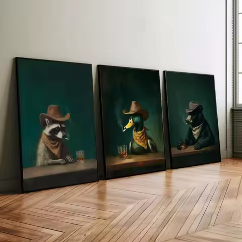 Vintage Funny Western Cowboy Animals Smoking Raccoon Duck Bear Poster Canvas Painting Wall Art Pictu