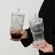SWM 650ml Mug Kaca Dengan Penutup&Straw Striped Glass Mug Ins Style With Straw Lid Kids Tea Milk Bre