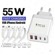 Fast Charging EU Plug Type C E F (220-240V) Wall Charger 55W Super Fast 4-Port Charger 2 USB-A Ports