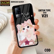 HP Vivo V21 Case - New Glossy Case Vivo V21hp [CUTE CAT Motif] - AGM Case softcase glass casing hand