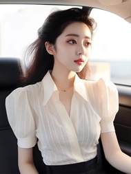 Luxqlo Puff Sleeve Shirt Women Korean Style Office White Blouse Fashion Simple Ladies Tops 2024