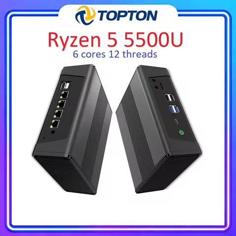 Topton Metal AMD Firewall Appliance Ryzen 5 5500U 4x2.5G LAN NAS Mini PC 3*NVMe 2*SATA 3x4K UHD Prox