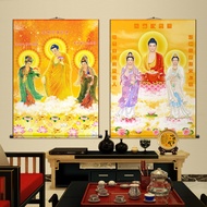 Western Three Icons Hanging Paintings Amitabha Three Icons Standing Scroll Home Silk Scroll Image Co