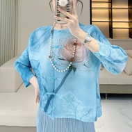 Womens Chinese Style Retro Pleated Short Jacket Spring and Autumn Fashion Loose Large Size Printed S