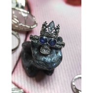 ((AG) Natural Burnt Sapphire Skull Whole Body S925 Silver Sterling Ring Adjustable Mouth
