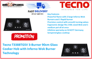 TECNO T 3388TGSV Tecno 3-Burner 90cm Glass Cooker Hob with Inferno Wok Burner Technology / FREE EXPRESS DELIVERY