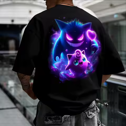 Summer 2026 Pokemon Cotton T Shirt Gengar Jigglypuff Back Print Colorful Glow Effects Loose Fit Men 