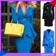 EYES 1 Set Women Blazer Skirt Solid Color Slim Autumn Winter Buttons Lace-up Skirt Suit for Office