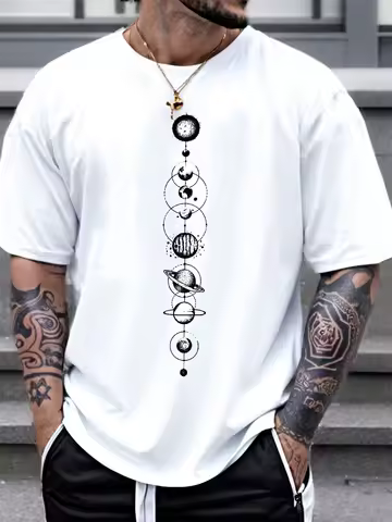 Space Planet Print Round-neck Men Women Pure Cotton Short Sleeve Street Casual Trendy Sport Loose T-