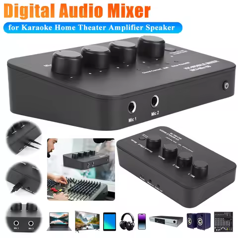 Digital Audio Mixer for Karaoke Home Theater Amplifier Speaker AUX IN/OUT BT Connection 2 Mic Inputs
