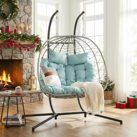 2 Person Double Egg Swing Chair with Stand Indoor Outdoor, Patio Wicker Rattan Hanging Egg Chair w/C