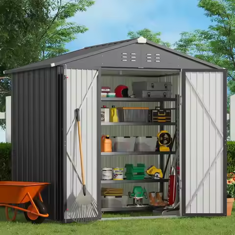 8x6 ft. Galvanized Steel Outdoor Storage Shed with Double Lockable Doors, Grey