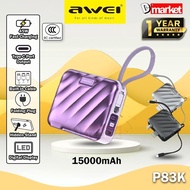 【3C Certified】Awei P83K 15000mAh 45W Power Bank Built In Cable Powerbank Power Bank Awei Power Bank 