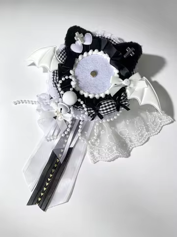 5-Color Devil Bat Wing Round Badge Holder, Wedding Dress Lace Design Bead Chain Badge Display Decora