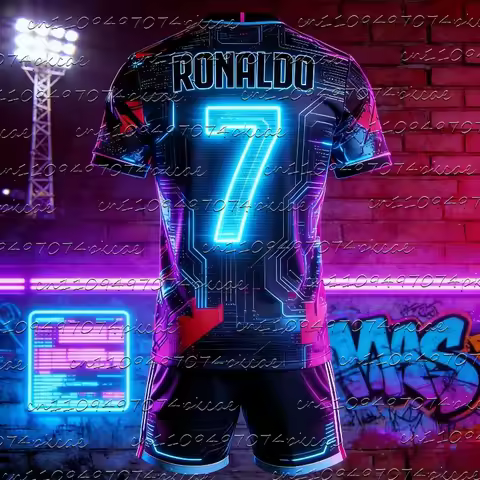 2Pcs Cyberpunk Ronaldo #7 Football Jersey T-shirt+Shorts Sets Breathable Summer Sports Futuristic Ki