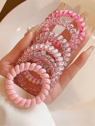 6入組粉紅色電話線髮圈，無痕、高彈性和耐用，適用於女士的休閒頭飾