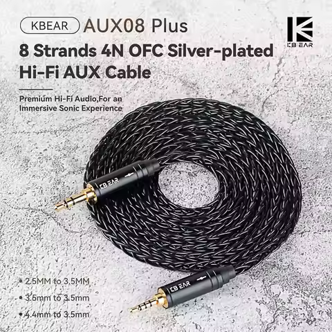 KBEAR AUX08 Plus 8 core 1.4/2m High-purity OFC Silver-plated HiFi AUX Cable 3.5/2.5/4.4MM for Phone/