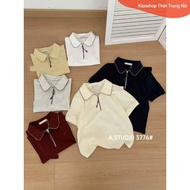 Women's short-sleeved t-shirt with lotus collar, colored border, zipper, embroidered letter B, Guang