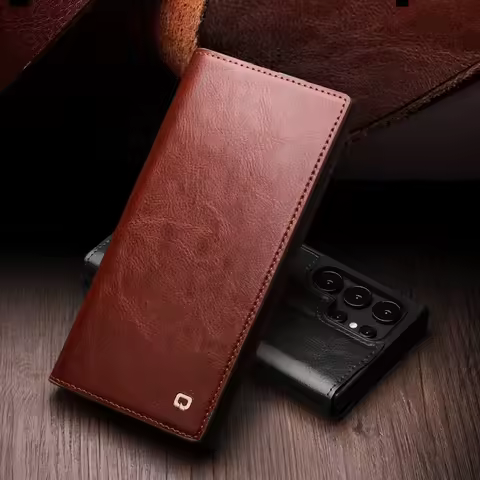 QIALINO Genuine Leather Phone Case for Samsung S25+ Plus 5G Business Style Fashion Luxury with Card 