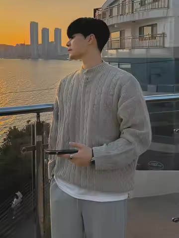 Laid-back Twist Rope Knitwear Men's High-End Feeling Henry Collar Slim-fit Sweatshirt Half Button Li