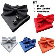 DS06 2-Layer Adult Bow Tie Set, Adjustable Men Bow Tie+ Cufflinks+Pocket Square Set