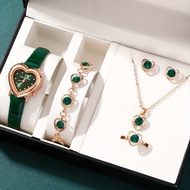 Ladies Vintage Heart Pointer Quartz Watch Leather Strap Watch With Diamonds Jewellery Set (No Box)