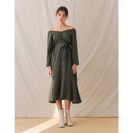 AIR SPACE Elegant Lady Button Down Belted Fishtail Midi Dress