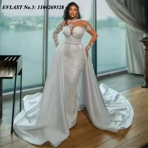 EVLAST Customized African Mermaid Wedding Dress Muslim Lace Applique Beaded Detachable Train Bridal 