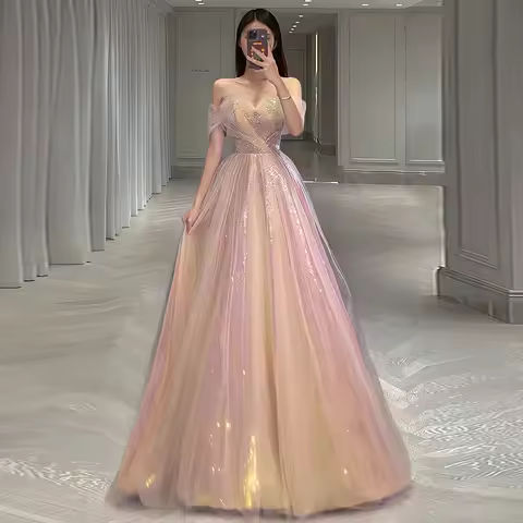 Women Evening Dresses Pink Sparking A-Line Dress vestidos de noche mujer Off the Shoulder Prom Party