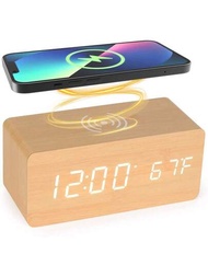 1入組木製風格led數字鬧鐘帶智能手機無線充電功能的多功能時鐘,具有iphone、三星、android手機的無線充電相容性,適用於家居裝飾、禮品等。