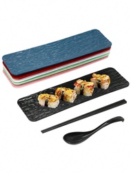 2sets Japanese Rectangular Sushi Serving Tray With Spoon & Chopsticks, PP Plastic Non-Slip Appetizer