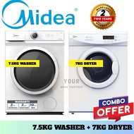 Midea Washer 7.5KG MF100W75 /  MF100W85B 8.5KG + Midea Dryer 7KG MD-7388 Combo Deal