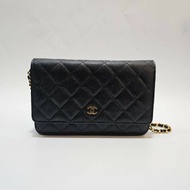 Chanel 黑荔枝牛皮菱格紋Woc金釦下蓋6卡斜背鏈包AP0250