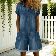 [BUBUE]   V-neck Jumpsuit Women Jumpsuit Women’s Denim Romper Jumpsuit Short Sleeve Button-down Jean