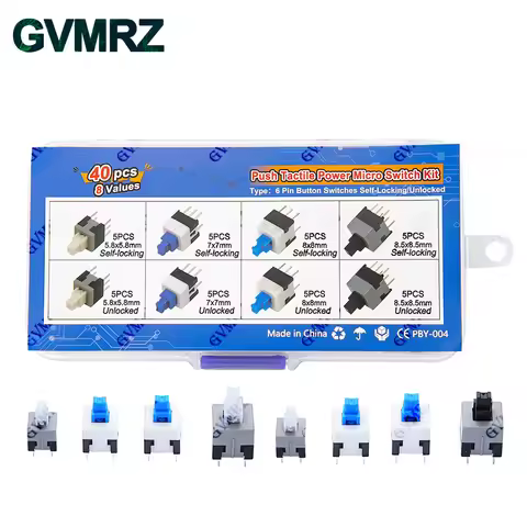 40PCS 8Values Push Tactile Micro Switch Kit 6Pin Self-Locking/Unlocked for Electronics DIY Projects