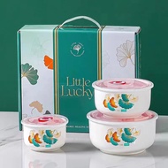 3pcs Set Ceramic Sealing Bowl Microwave fresh-keeping bowl lunch box with lid heated lunch box cold 
