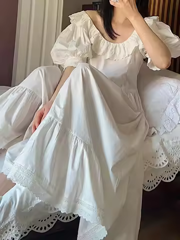 Vintage Pajama Nightdress Retro Hepburn Princess Ruffles Girl Bubble Sleeve Cotton Loose Sleepwear S