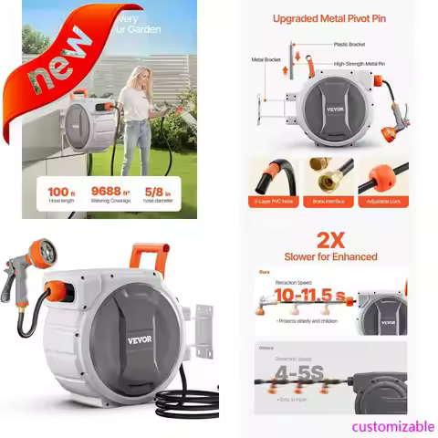 2025new-VEVOR 100 Feet 5/8 Inch Retractable Garden Hose Reel, Wall-Mounted, with 9-Pattern Nozzle