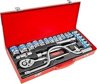 24PCS Metric 1/2 Inch Drive 6-Point Standard 8-32mm Socket Ratchet Wrench Set with Ratchet Wrench, F