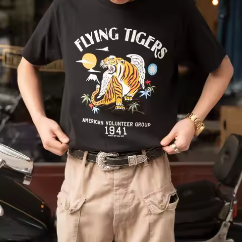 100% Cotton Flying Tigers 1941 Screen Printing Fashion Loose Black T Shirt Men Man 2023 New O-Neck O