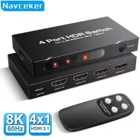 Navceker HDMI 2.1 Switcher 8K 60Hz 4K120Hz HDMI-compatible Switch 4 in 1 Out with Remote Control Con